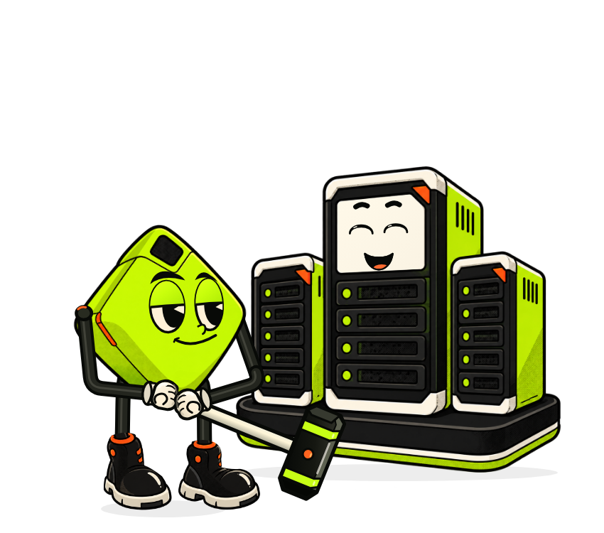 Drill Me mascot proudly celebrates a server cluster surviving a strength test.